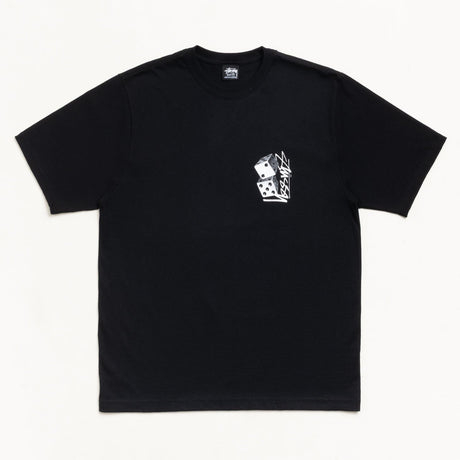 Black Stussy Tall Dice Tee shirt with graphic design, casual streetwear apparel featuring bold dice print on the front.