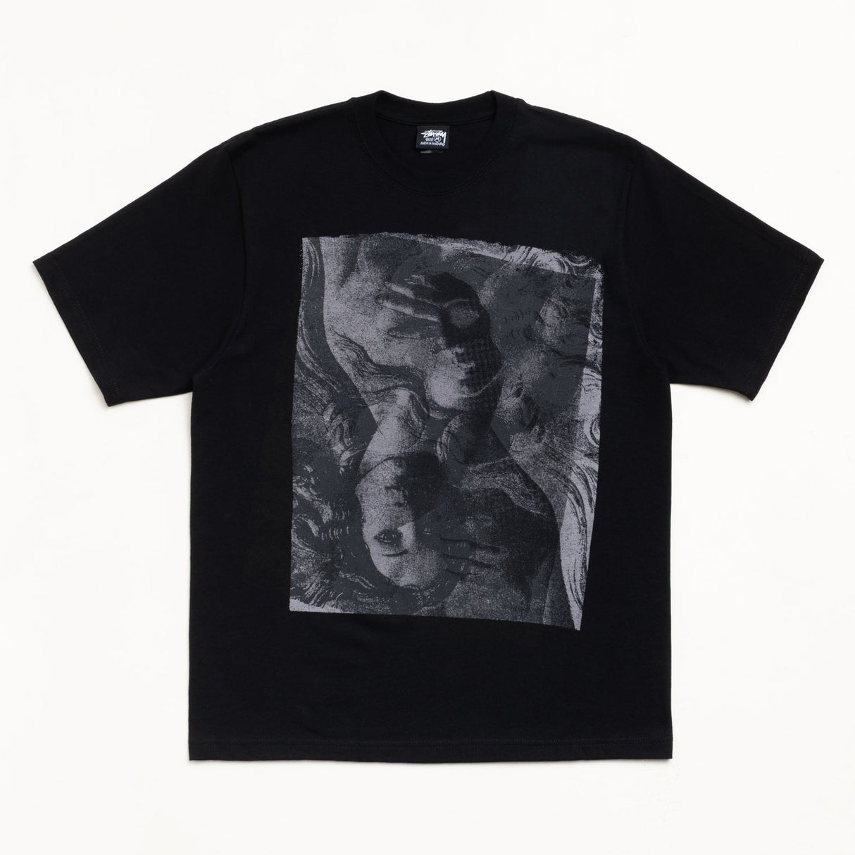 Black Stussy Double Venus T-shirt featuring a graphic design, casual fit, made from comfortable cotton fabric.