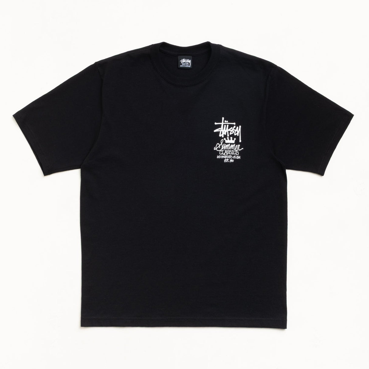 Black Stussy Summer Classics Tee shirt displayed flat, showcasing the casual crewneck design and classic branding.