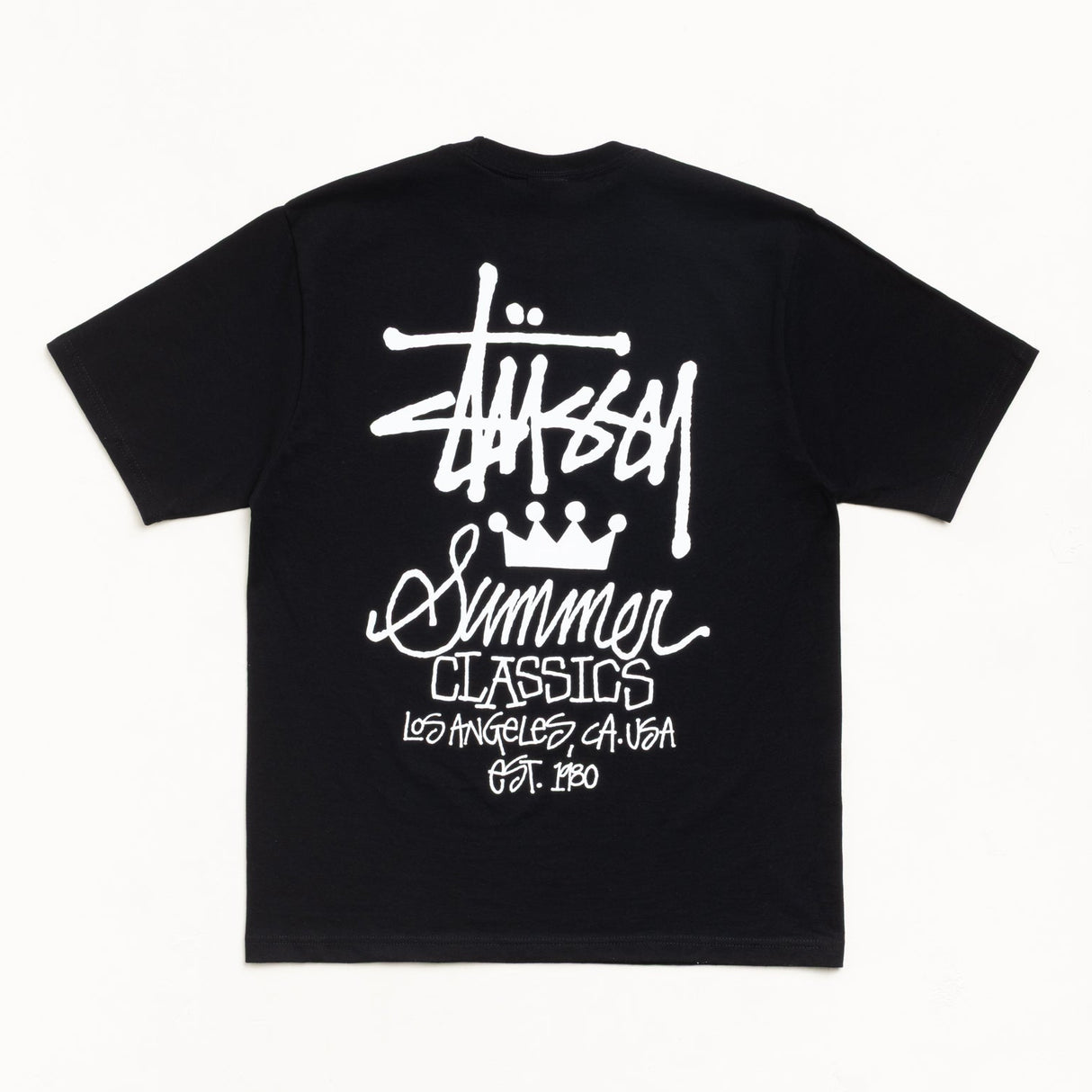 Black Stussy Summer Classics Tee, casual short-sleeve T-shirt with Stussy logo, made for comfortable summer wear.