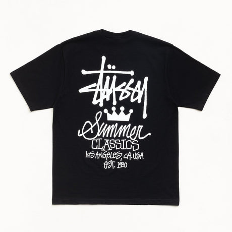 Black Stussy Summer Classics Tee, casual short-sleeve T-shirt with Stussy logo, made for comfortable summer wear.