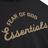 Fear of God Essentials Training 90s Heavyweight Hoodie in faded black, showing front view with hood and logo details.