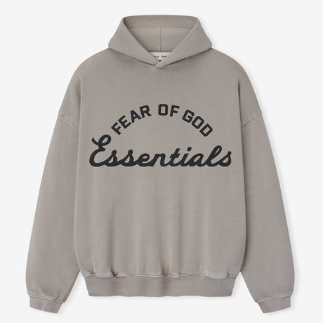 Fear of God Essentials Training 90s Heavyweight Hoodie in faded seal color, casual apparel with a relaxed fit and soft fabric.
