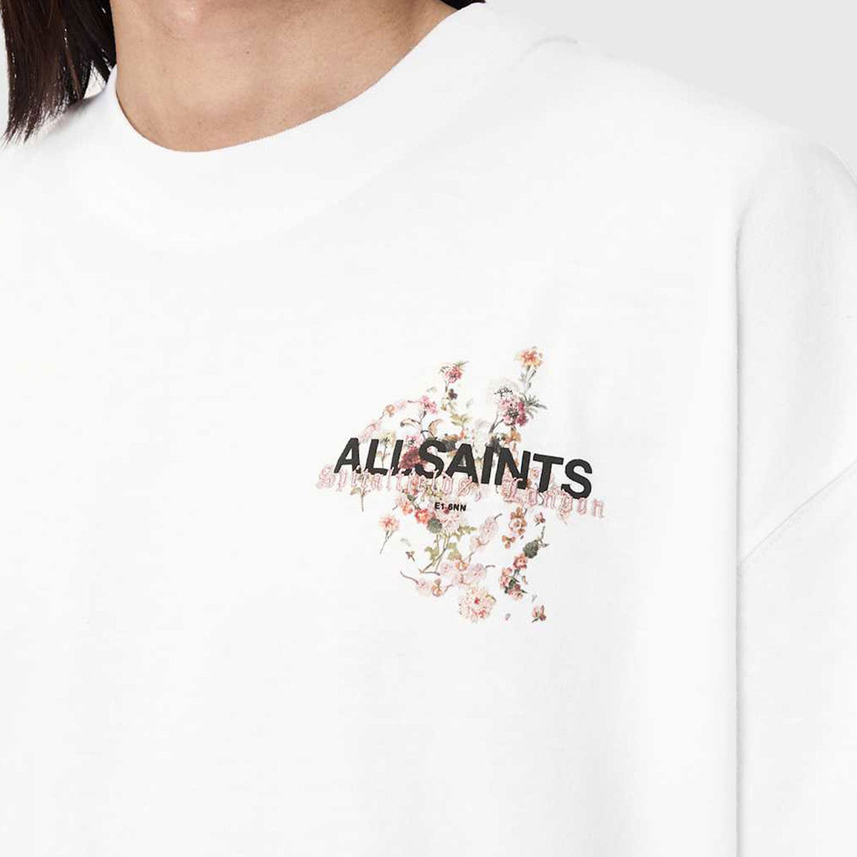 AllSaints Valen Floral Tee in white, casual short-sleeve top with floral pattern, perfect for everyday wear.