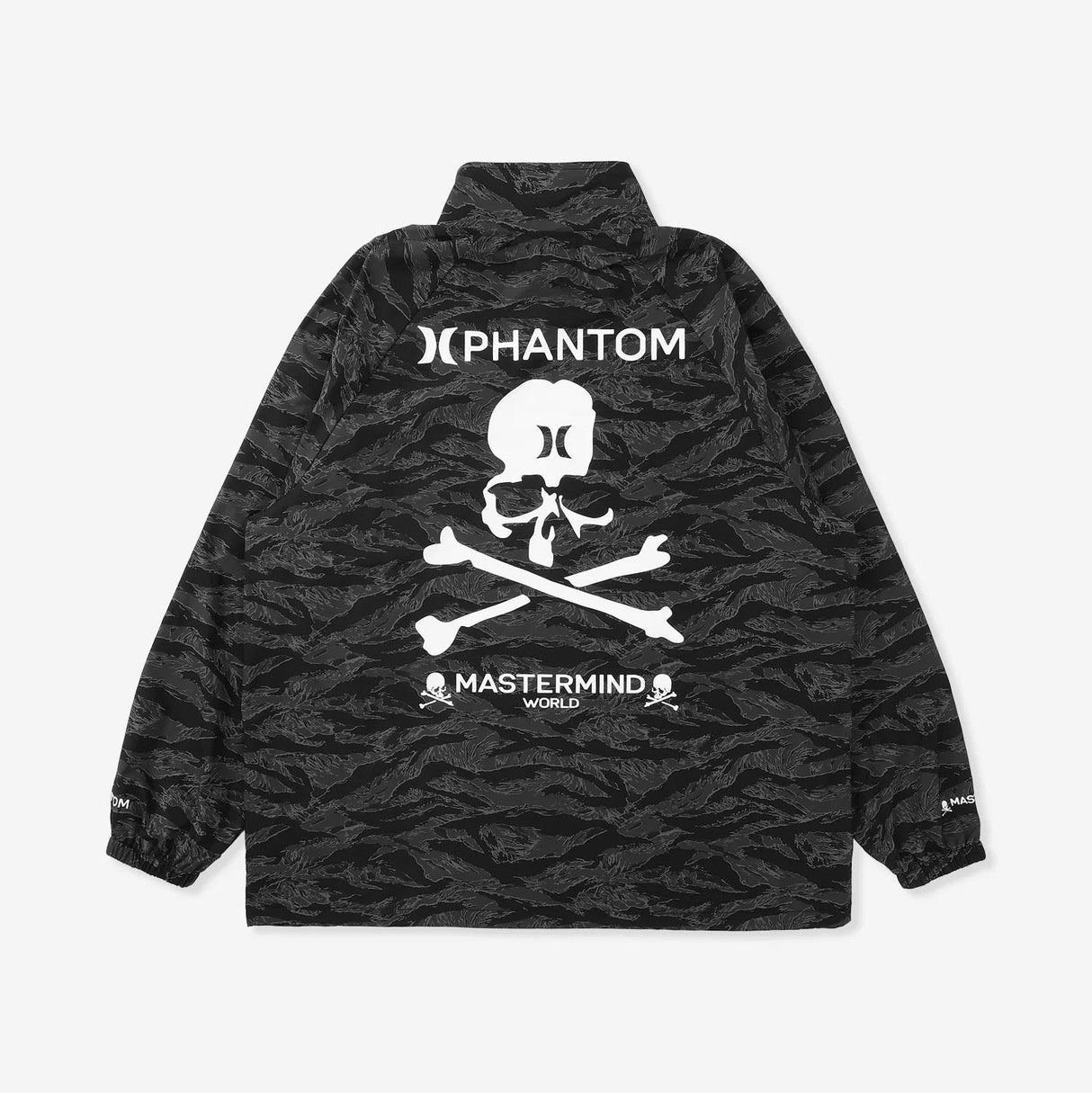Mastermind Japan Phantom Woven Zip Up Jacket, black, with detailed stitching and branding, displayed on a hanger.