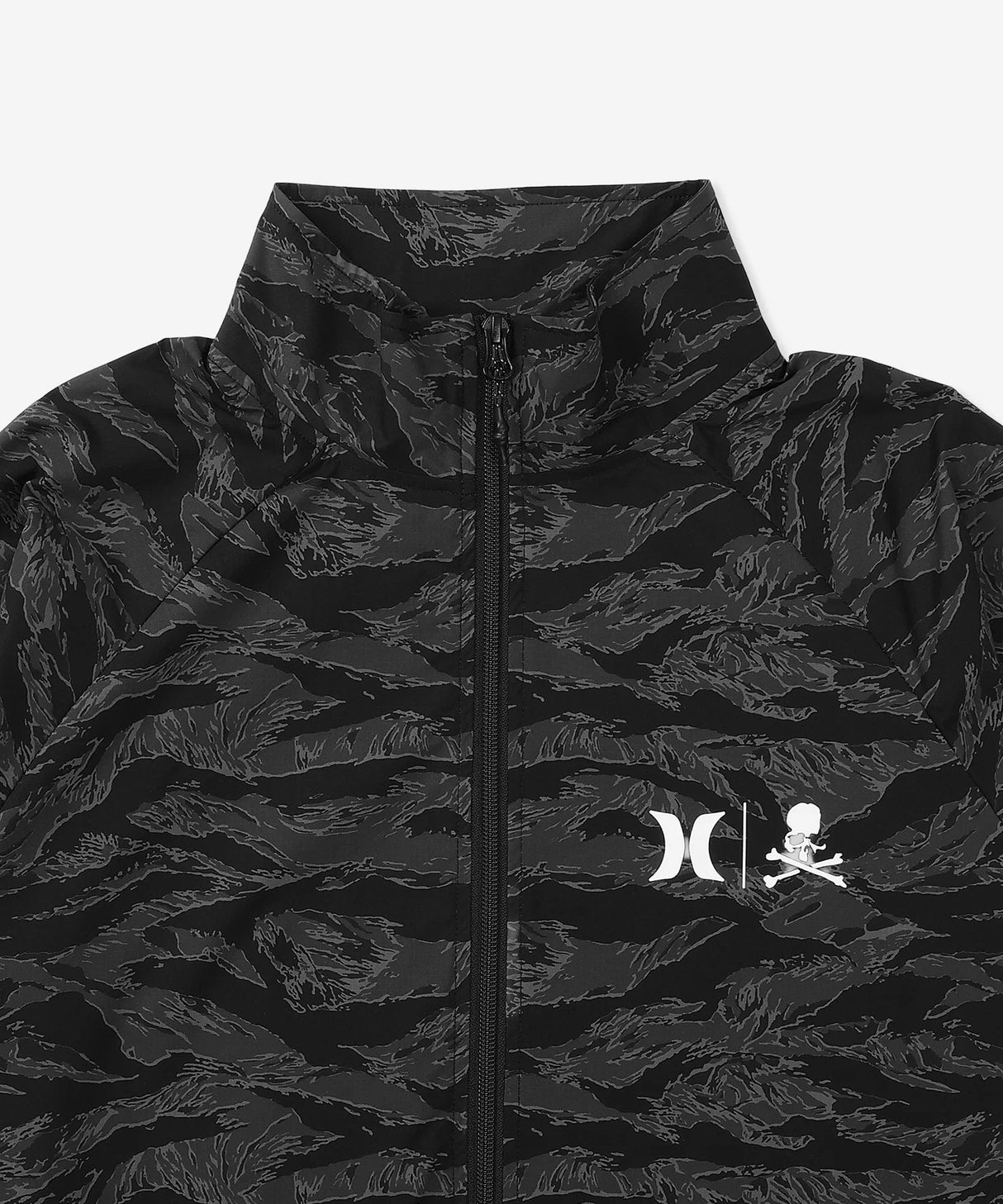 Mastermind Japan Phantom Woven Zip-Up Jacket with Hurley branding, black color, featuring a sleek woven design and full front zipper.