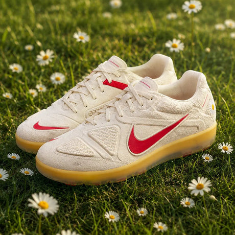 NIKE PEACEMINUSONE x Cryoshot CTR360 Maestri II shoes in natural university red, showing the athletic sneaker's design and vibrant color