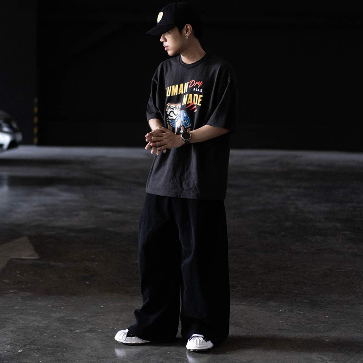Black Human Made Bulldog Dry Alls Tee shirt with graphic print, casual apparel for streetwear style.