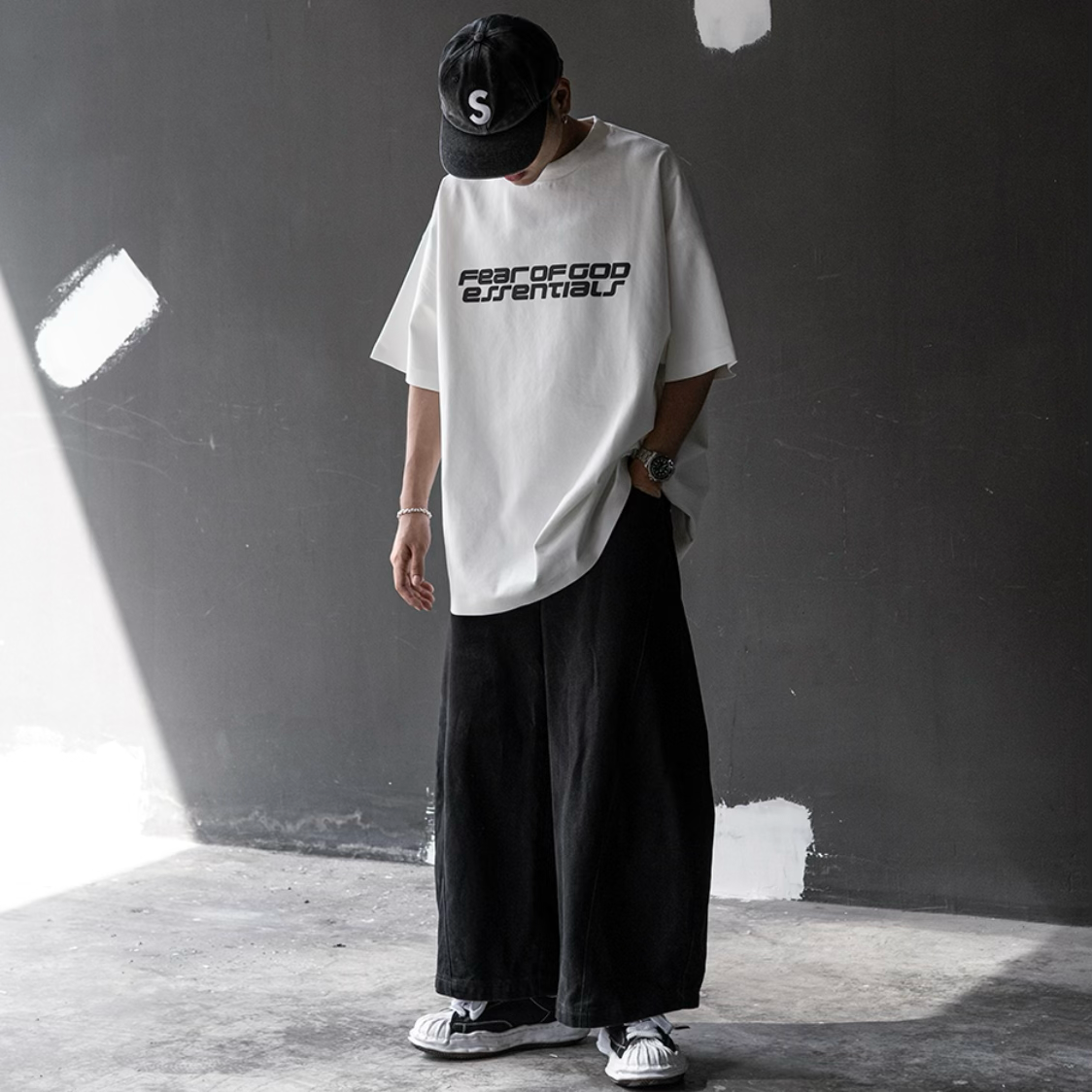 Fear of God Essentials reflective logo ivory ponte 90s tee, upgraded fabric, casual short-sleeve apparel for streetwear style