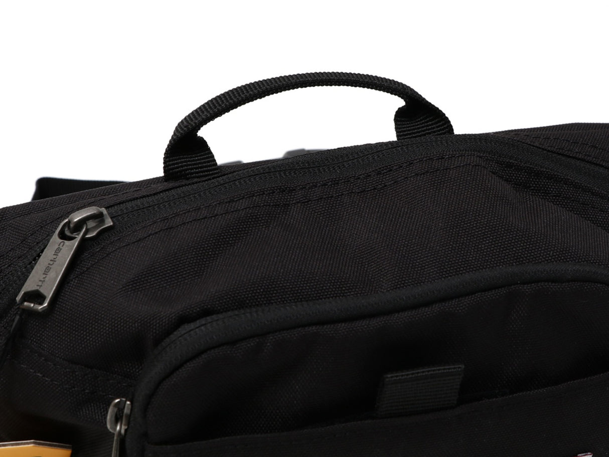 Black Carhartt Classic Waist Bag with adjustable strap and multiple compartments, designed for convenient carrying.