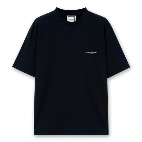 Dark navy Wooyoungmi tuft embroidered back logo tee featuring a casual fit and subtle embroidered design on the back.