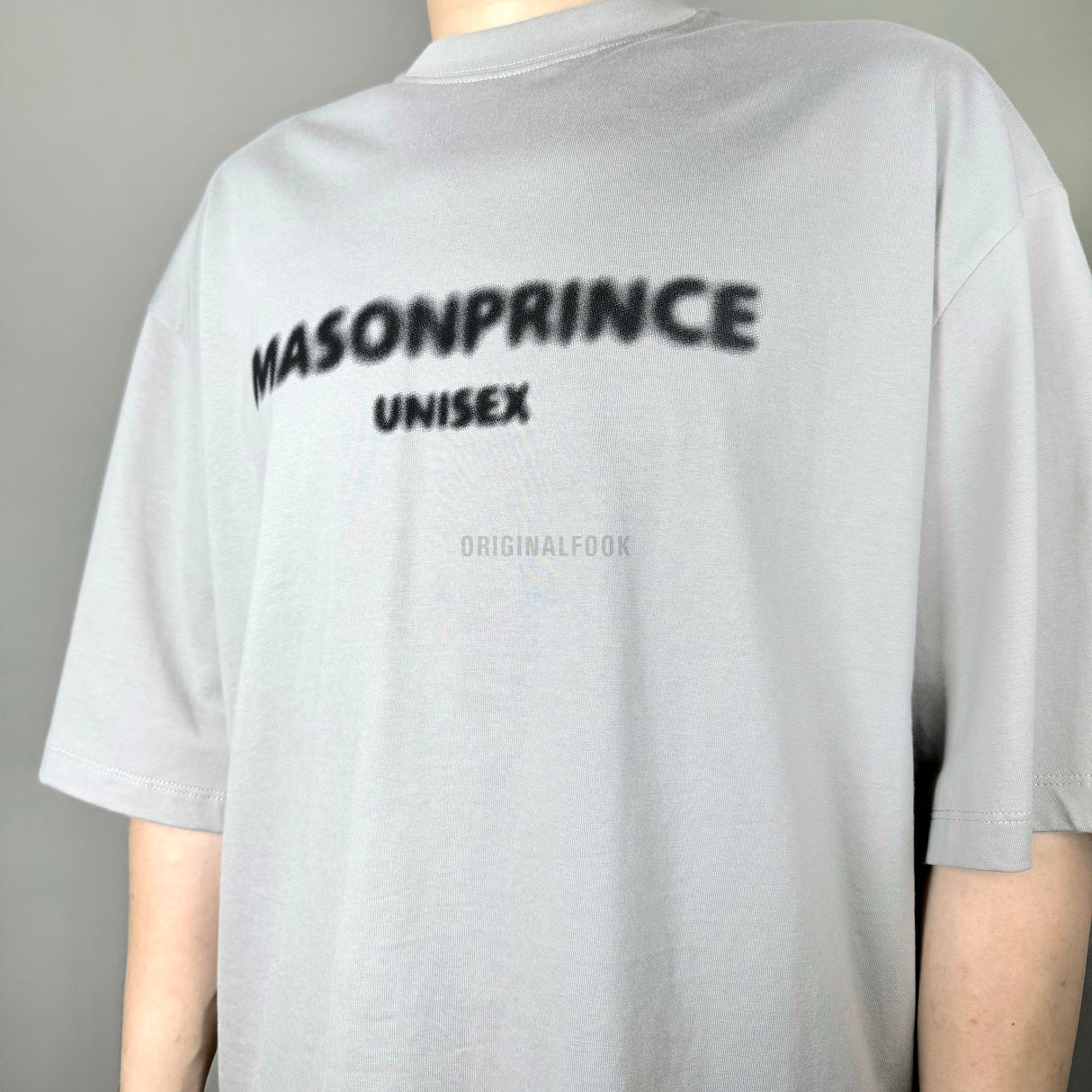 Grey MasonPrince Classic Spray Logo Tee, a casual men's apparel with a spray logo design on the front.