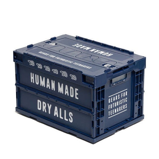 Human Made 50L navy foldable container box, flexible storage accessory with handles and foldable design for easy transport.