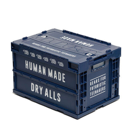 Human Made 50L navy foldable container box, flexible storage accessory with handles and foldable design for easy transport.