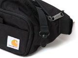 Black Carhartt Classic Waist Bag with adjustable strap and multiple compartments, ideal for casual carrying and outdoor activities.