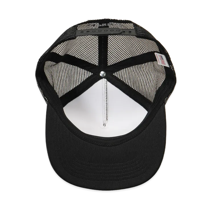 Black Supreme mesh trucker cap with adjustable snapback closure, featuring the Supreme logo on the front panel.