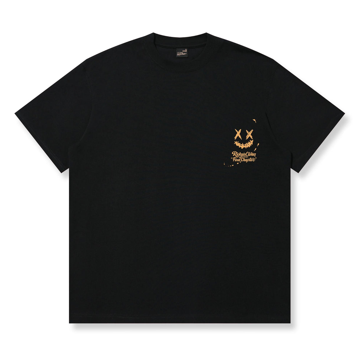 Black Rickyisclown Golden Blessing Tee with logo print, casual men's apparel by RICKYISCLOWN, front view.