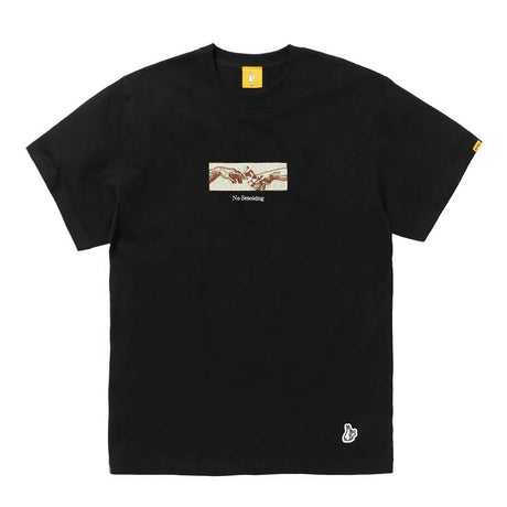 Black FR2 embroidery smoking art tee shirt featuring detailed embroidered design on the front, casual streetwear apparel.