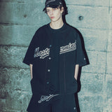 Black Mastermind Japan X New Era heavyweight baseball shirt, casual apparel with bold branding and classic baseball style.