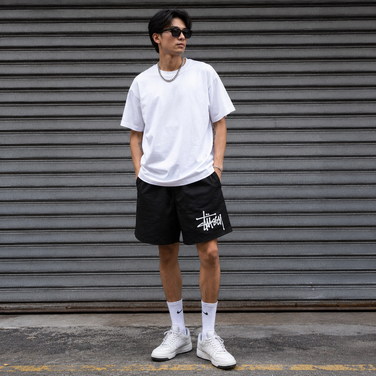 Black Stussy Basic Big Logo nylon shorts for men, featuring a bold logo design and comfortable fit.