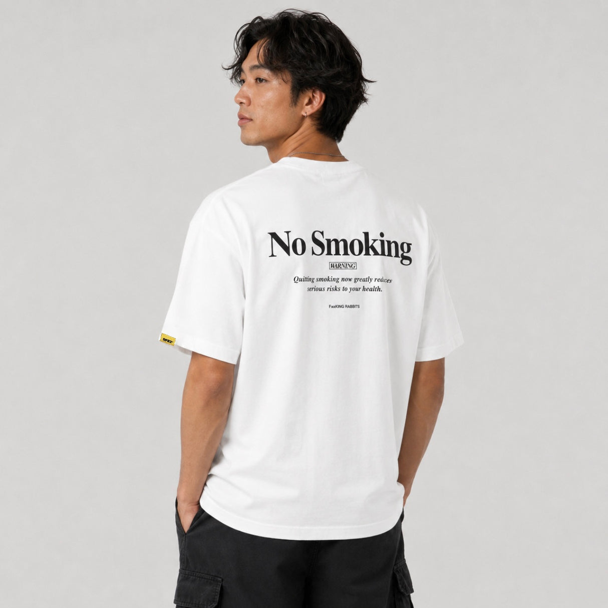 White FR2 embroidery smoking art tee shirt featuring detailed smoking-themed design on the front.