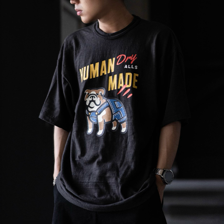 Black Human Made Bulldog Dry Alls Tee featuring a graphic print on the front, casual short-sleeve apparel for everyday wear.