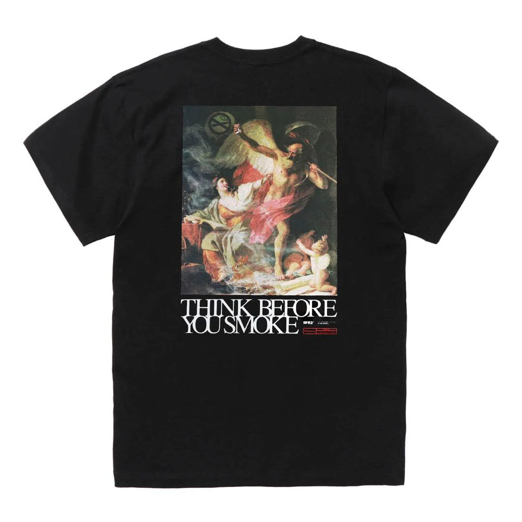 Black FR2 "Think Before You Smoke" art T-shirt featuring bold graphic design, casual fit, and streetwear style.