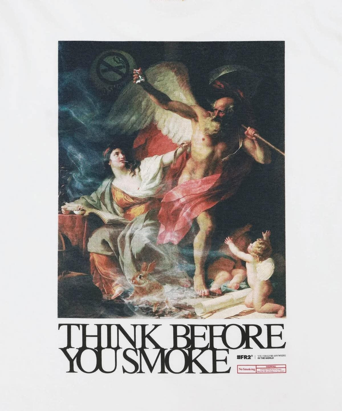 White FR2 Think Before You Smoke art T-shirt featuring bold graphic design on front, casual streetwear apparel.