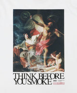 White FR2 Think Before You Smoke art T-shirt featuring bold graphic design on front, casual streetwear apparel.
