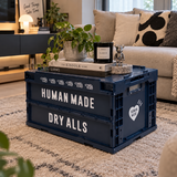Human Made foldable crate box in navy, 50L capacity, durable storage accessory with handles for easy transport.