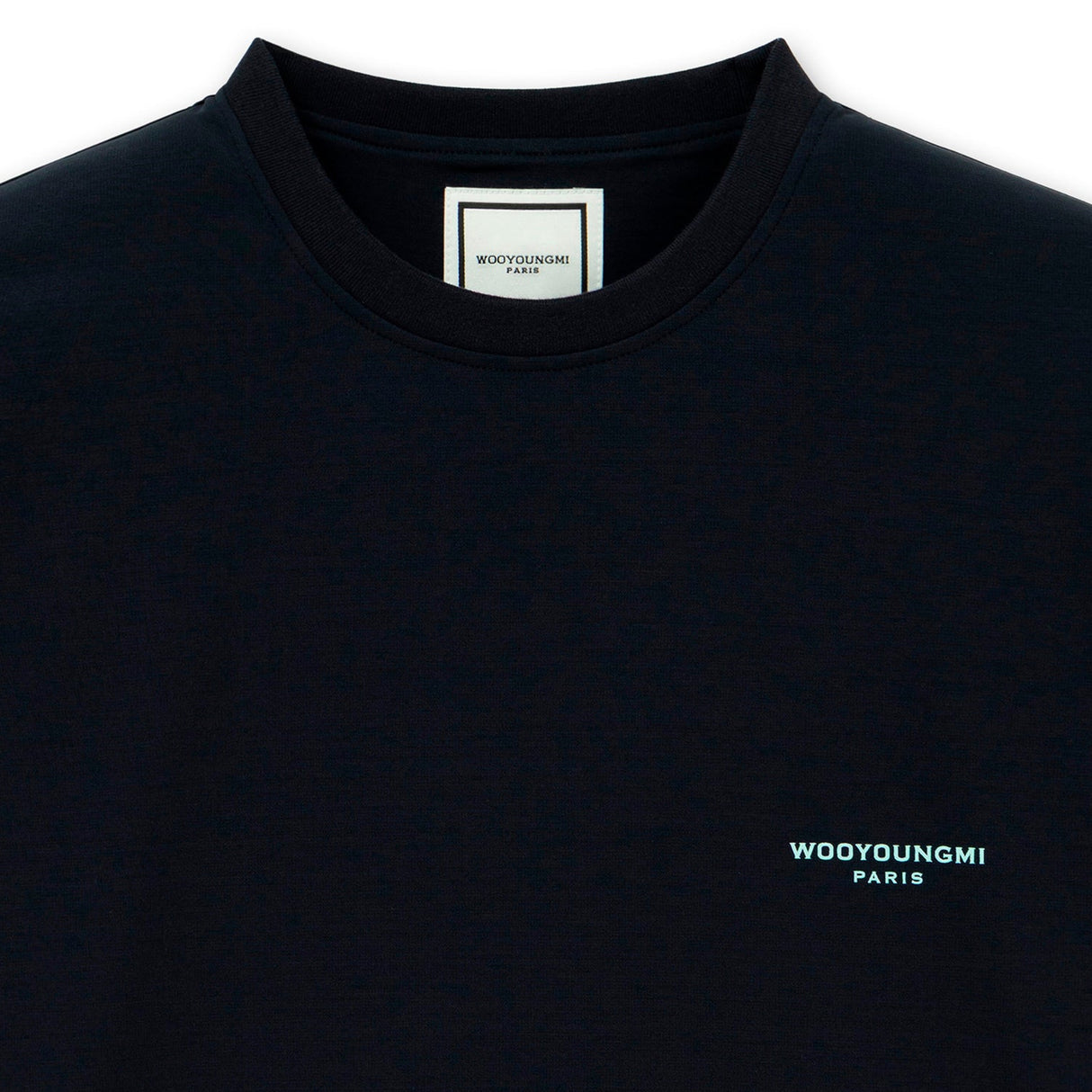 Dark navy Wooyoungmi tuft embroidered back logo tee, casual apparel with subtle branding and detailed embroidery on the back.
