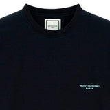 Dark navy Wooyoungmi tuft embroidered back logo tee, casual apparel with subtle branding and detailed embroidery on the back.
