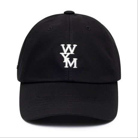 Black Wooyoungmi WYM logo cap, stylish headwear with adjustable strap and embroidered logo, perfect for casual fashion.