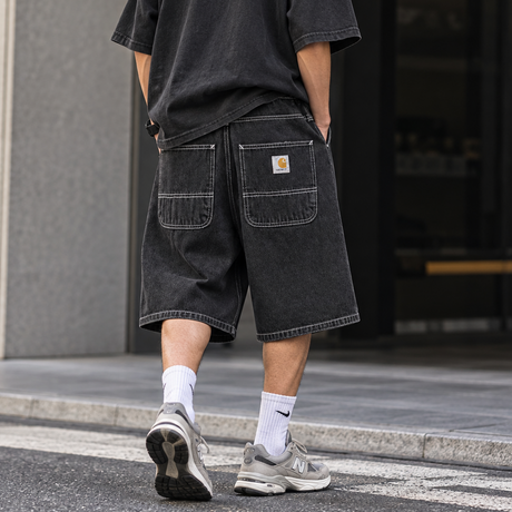 Carhartt WIP black denim Simple Shorts with heavy stone-washed finish and classic five-pocket styling