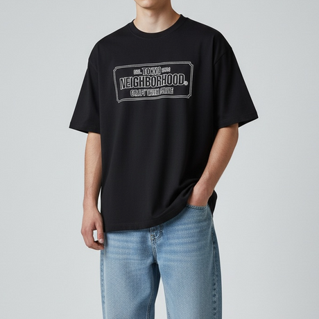 Black Neighborhood NH-1 Tee shirt with front graphic design, casual apparel for streetwear style.
