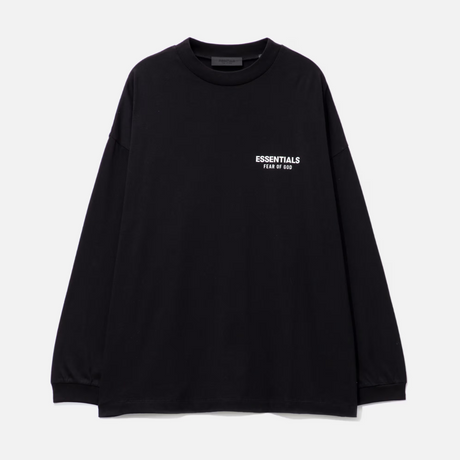 Black Fear Of God Essentials long sleeve tee, casual apparel with a comfortable fit and minimal design, displayed on a plain background.