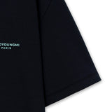 Dark navy Wooyoungmi tuft embroidered back logo tee, casual apparel with detailed embroidery and classic fit.