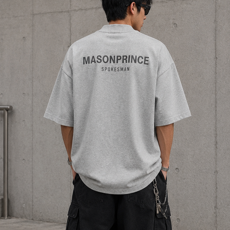 MasonPrince grey oversized mock neck tee with reflective accents, casual apparel for a modern, stylish look.