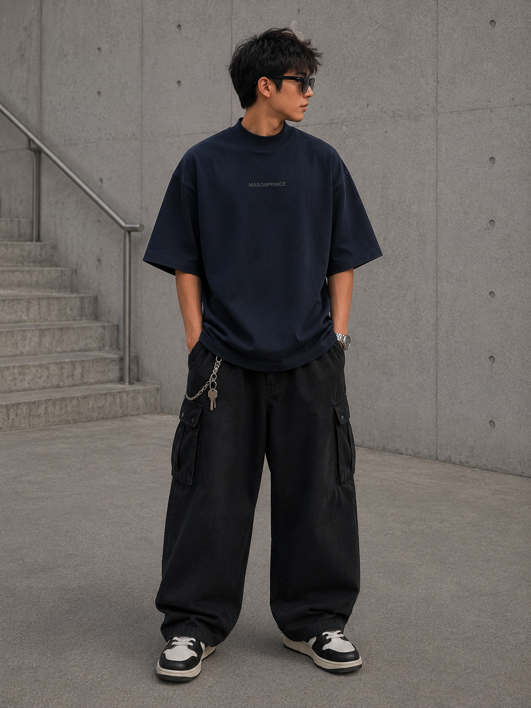 MasonPrince navy oversized mock neck tee from the Reflective APPARELS collection, featuring a relaxed fit and smooth fabric.