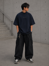 MasonPrince navy oversized mock neck tee from the Reflective APPARELS collection, featuring a relaxed fit and smooth fabric.