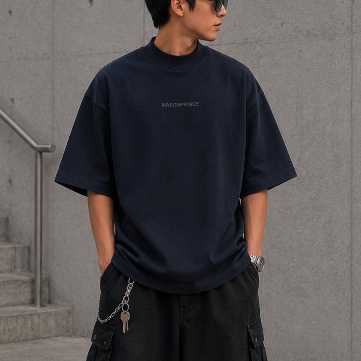 Navy MasonPrince Reflective Oversized Mock Neck Tee featuring a relaxed fit, mock neckline, and reflective accents, casual apparel.