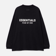 Black Fear Of God Essentials long sleeve tee, classic fit, with subtle branding and soft cotton fabric visible in the image.