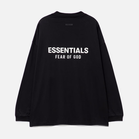 Black Fear Of God Essentials long sleeve tee, classic fit, with subtle branding and soft cotton fabric visible in the image.