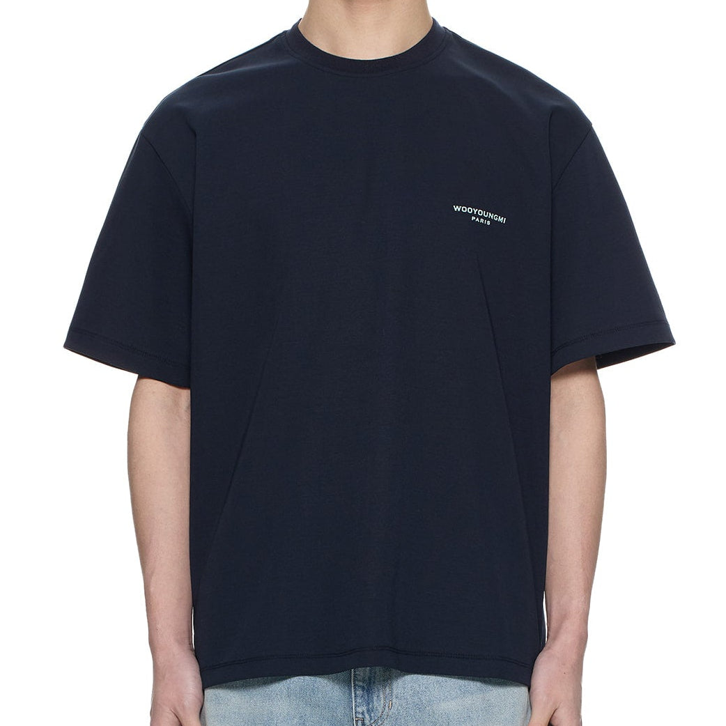 Dark navy Wooyoungmi tuft embroidered back logo T-shirt, casual apparel with embroidered design and relaxed fit.