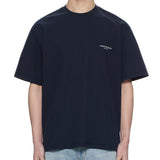 Dark navy Wooyoungmi tuft embroidered back logo T-shirt, casual apparel with embroidered design and relaxed fit.