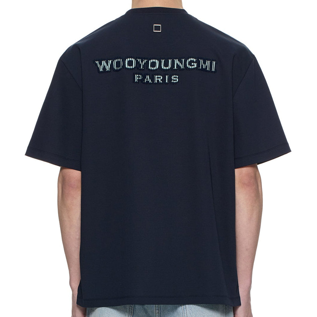 Dark navy Wooyoungmi tuft embroidered back logo tee, casual apparel with embroidered detail on the back.