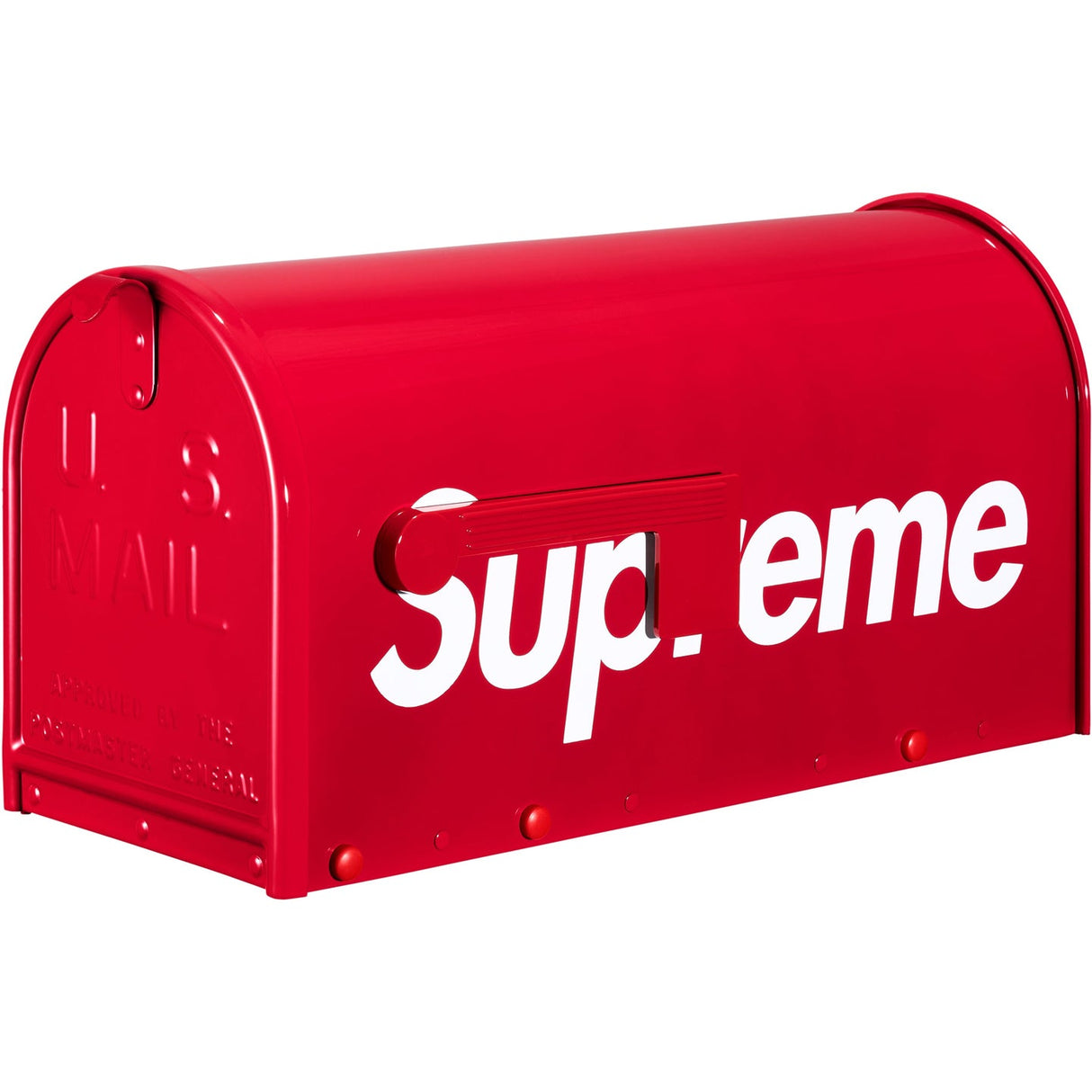 Red Supreme Gaines Mailbox apparel with bold branding and distinctive design, displayed on a mannequin.
