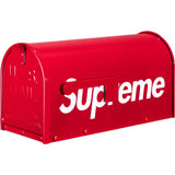 Red Supreme Gaines Mailbox apparel with bold branding and distinctive design, displayed on a mannequin.