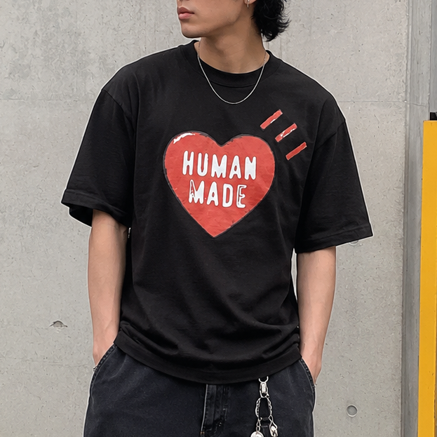 Human Made Red Heart Tee in black, casual short-sleeve t-shirt with a red heart graphic, stylish and comfortable apparel.