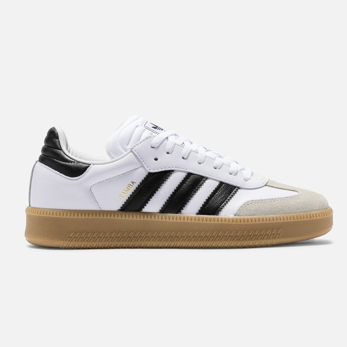 Adidas Originals Samba XLG sneakers in cloud white, core black, and gum with classic low-top design and textured outsole.